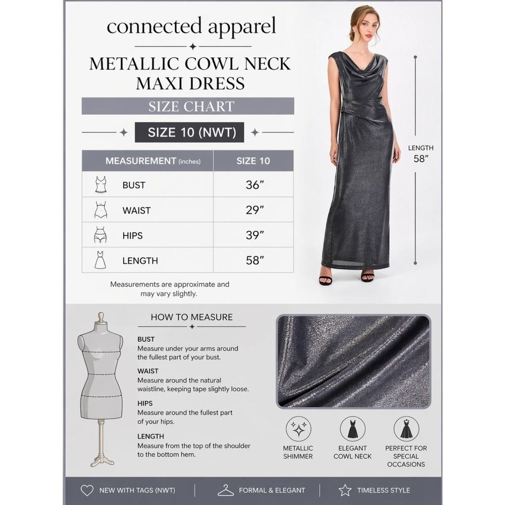 Connected Apparel Size 10 Silver Metallic Cowl Neck Maxi Dress NWT - Picture 10 of 10
